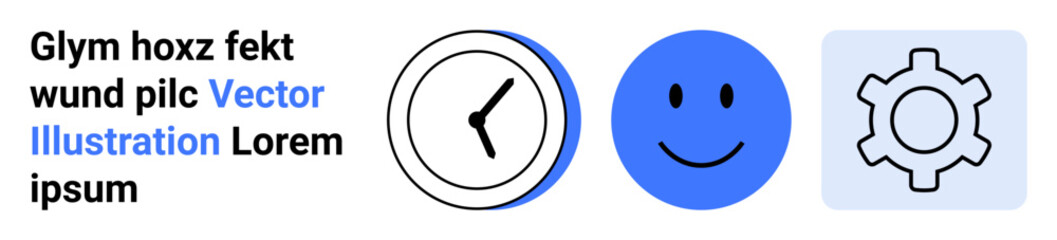 Fototapeta premium Clock symbol for time, blue happy face for positivity, gear icon for settings or optimization. Ideal for productivity, time management, technology, happiness, efficiency, concepts simple landing