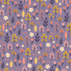 Floral seamless pattern with flowers, branches, tulips, leaves on violet background. Perfect for wallpaper, gift paper, spring and summer greeting cards. Vector hand drawn illustration