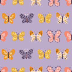 Floral seamless pattern with colorful butterflies on lilac background. Perfect for wallpaper, gift paper, spring and summer greeting cards. Vector hand drawn illustration
