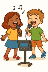 Happy children kids singing karaoke microphone performance entertainment music. Joyful boy girl cartoon vector illustration talent show musical notes fun activity cheerful expression