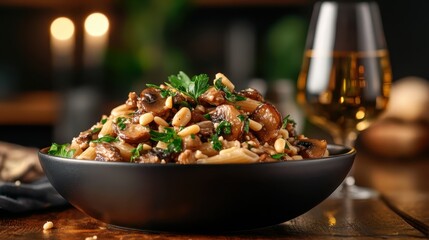 A delicious bowl of mushroom pasta topped with pine nuts and fresh herbs, presenting a delightful culinary experience ideal for nature lovers and food enthusiasts.
