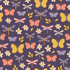 Floral seamless pattern with butterflies, dragonflies, flowers on violet background. Perfect for wallpaper, gift paper, spring and summer greeting cards. Vector hand drawn illustration