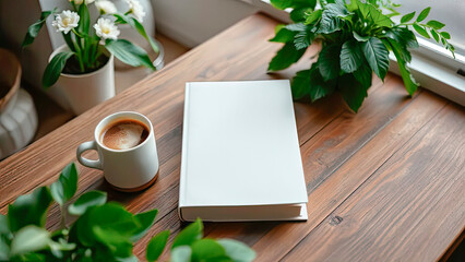 Blank notebook and pen placed on a wooden table surrounded by lush green plants, with a cup of coffee nearby, creating a serene workspace atmosphere for creativity