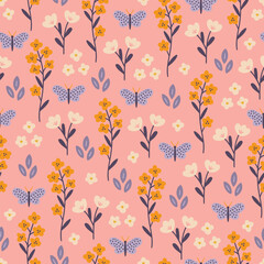 Floral seamless pattern with butterflies, leaves and flowers on pink background. Perfect for wallpaper, gift paper, spring and summer greeting cards. Vector hand drawn illustration