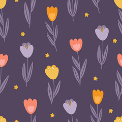 Floral seamless pattern with tulips on violet background. Perfect for wallpaper, gift paper, spring and summer greeting cards. Vector hand drawn illustration