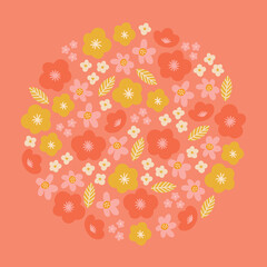Floral greeting card with flowers and leaves on peach background. Circle ornament. Perfect for seasonal holidays, summer and spring decorations. Vector illustration