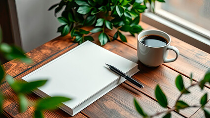 Blank notebook and pen placed on a wooden table surrounded by lush green plants, with a cup of coffee nearby, creating a serene workspace atmosphere for creativity