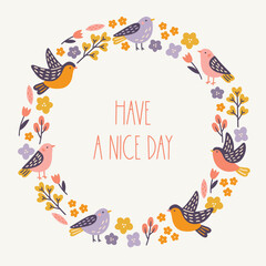 Floral greeting card with birds, flowers, tulips and leaves on white background. Perfect for spring and summer holidays and decorations. Hand drawn frame, wreath