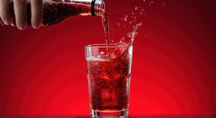 Soda Pouring Into Glass with Ice on Red Background