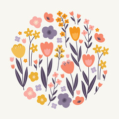 Floral greeting card with tulips, flowers, leaves on white background. Circle ornament. Perfect for seasonal holidays, summer and spring decorations. Vector illustration