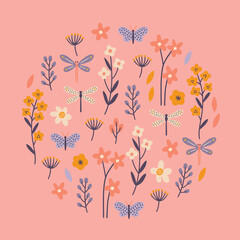 Floral greeting card with dragonflies, butterflies, leaves and flowers on peach background. Circle ornament. Perfect for seasonal holidays, summer and spring decorations. Vector illustration