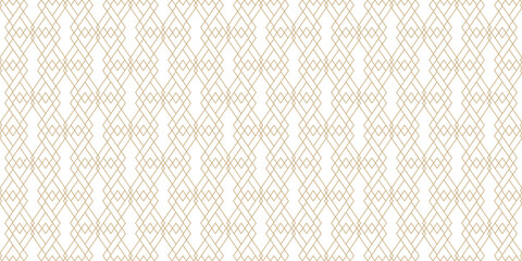 Golden vector geometric lines seamless pattern. Luxury minimalist texture with diamonds, outline rhombuses, linear grid. Minimal abstract white and gold background. Art deco style. Trendy geo design