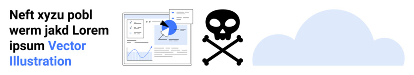 Analytical interface with charts, pie graphs, and overlaying risks thumbs up skull and crossbones adjacent cloud icon. Ideal for analytics, cybersecurity, cloud computing, risk management, tech