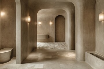 Fototapeta premium Long corridor in front of the bathroom. Generative AI