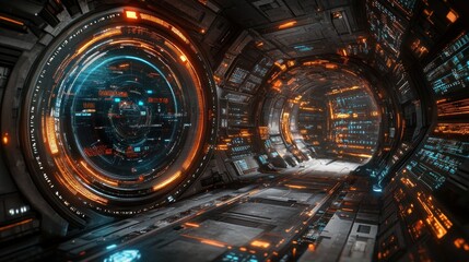 Obraz premium Spaceship corridor, futuristic technology, orange lights, travel, sci-fi background, for game design