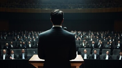 Keynote presentation in a vast auditorium, businessman standing on stage for a conference