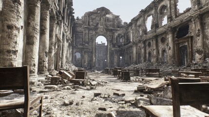 Ruins of a grand building, daytime, destruction, war aftermath; historical game background