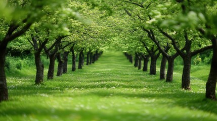 Obraz premium Spring orchard trees rows green grass nature background