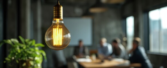 The light bulb illuminating a modern workspace during a productive meeting.