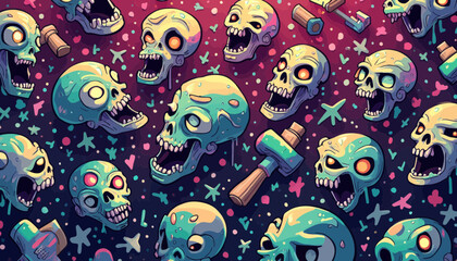 Naklejka premium Pixel Art Skulls Colorful Pattern Background
