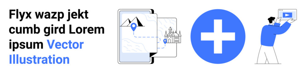 Map with location pin, landmark image, blue cross icon, user uploading video. Ideal for travel, navigation, map design, digital tools, multimedia sharing user interfaces simple landing page