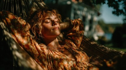 A serene woman with curly blonde-brown hair lies in a hammock, eyes closed and arms resting behind her head, embodying deep relaxation. She wears a vibrant floral-patterned, long-sleeved dress in shad