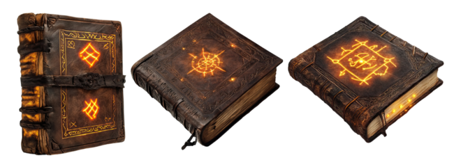 Ancient leather-bound spellbook with glowing runes
