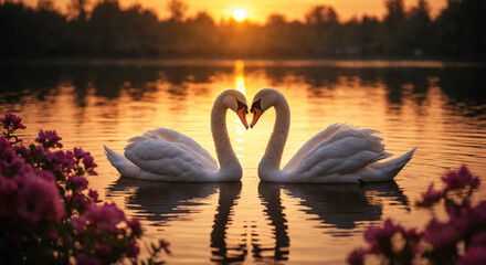 Fototapeta premium Graceful swan pair in rippling water with sunset glow and floral surroundings