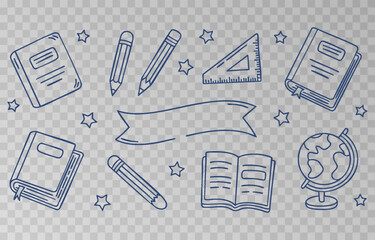 Hand-drawn school supplies icons png set on transparent background. Back to school doodle hand drawn elements, vector set. Vector illustration. 