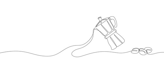Geyser coffee pot and beans one line drawing. Italian moka pot and coffee seeds print, vintage coffee maker equipment for cafe logo. Vector minimalistic illustration