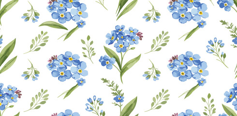 Blue delicate forget-me-not flowers and field grass. Spring botanical watercolor seamless pattern on white background, suitable for eco-branding, packaging, cards, wedding designs, botanical prints