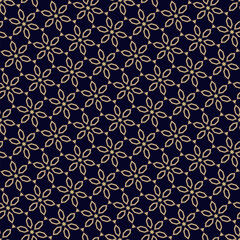 Abstract golden seamless pattern in oriental style. Vector floral geometric ornament. Gold and black texture with small stars, flowers, diamonds, diagonal lattice. Luxury background. Repeating design