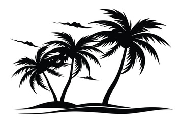 Black Silhouette of Palm Trees on a Tropical Beach with Clouds Above