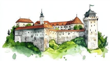 Ljubljana Castle. Ljubljana Castle hand drawn watercolor illustration