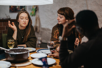 A group of friends at a table, conversing and sharing drinks in a warm, inviting environment, engaging in lively conversation. The setting reflects camaraderie and relaxation.