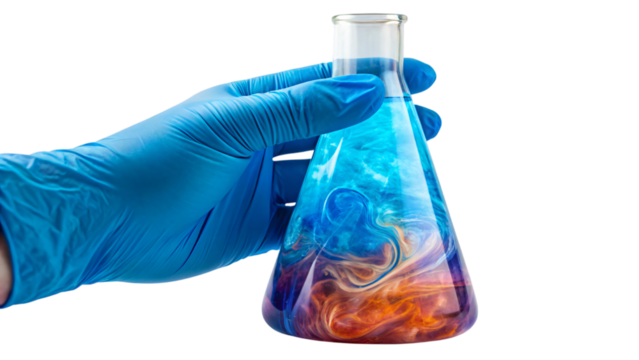 hand in glove holding test tube with colorful liquid - Powered by Adobe
