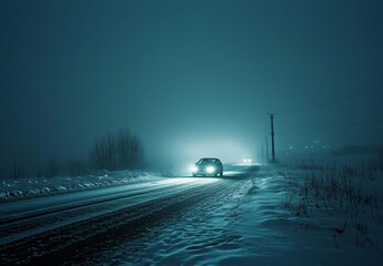 An enigmatic automobile parked on a desolate snowy path.