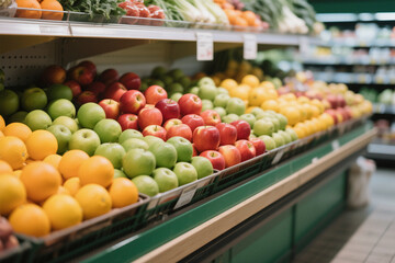 Food store stand with fresh harvest. Red apples, green fruits and yellow oranges rows. Grocery shop full of fruit, vegetables. Supermarket retail organic healthy diet marketplace. Food consumption