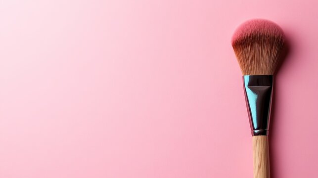 A soft makeup brush rests on a smooth pink background, representing beauty and artistry, illustrating the tools of self-expression and creativity in makeup application.