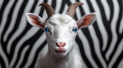 Obraz premium This striking portrait captures a curious goat with vivid blue eyes, staring directly into the camera against a bold striped background, highlighting its unique features and charm.