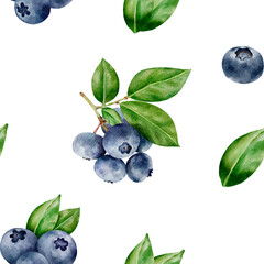 Blueberries with leaves on a white background seamless pattern, watercolor technique. Suitable for food design, packaging, summer designs, textiles, labels, posters