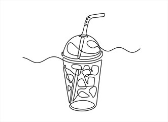 Plakat Sweet fresh drink in plastic cup with straw in One continuous line drawing. Smoothie in transparent mug in lineart style. Editable stroke. Modern vector illustration