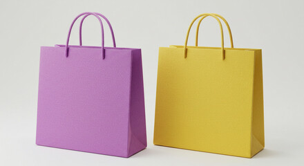 Two shopping bags one purple and one yellow sitting side by side on a plain white background view