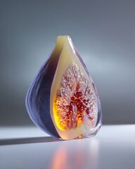 3D render of a translucent fig sliced open on glossy glass surface, glowing pulp, soft shadows, studio light, hyperreal pop art still life