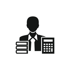 Woman with Calculator & Stacked Documents, Black & White Icon, Isolated Simple Design