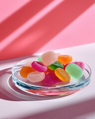 Colorful hard candies scattered on a transparent glass plate, neon pink background, crisp 3D lighting, pop art food still life