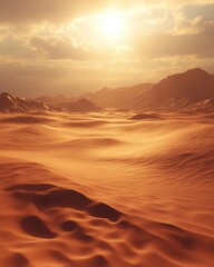Naklejka premium Vast desert landscape under a golden sunset.