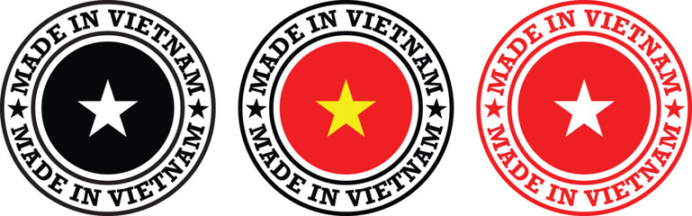 Made in Vietnam stamp, Made in Vietnam badge icon set, Vietnam Manufacturing product stamp design, National product origin logo in red and black color