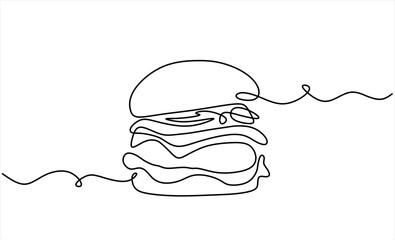 Continuous one line drawing of burger. Single line drawing of hamburger . Silhouette of fast food restaurant burger with cheese, cutlet and salad. Modern design street food logo, banner. Editable	
