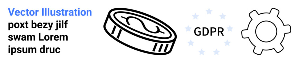 Coin with dollar sign, GDPR text with stars, gear symbolizing data protection, policy, regulations, compliance, privacy, business finance, encrypted access governance simple landing page
